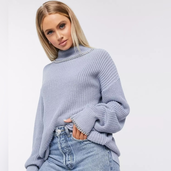 Missguided Powder Blue Mock Neck Knit Sweater with Chain Link Trim - Picture 1 of 13